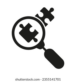 Magnifier and Puzzle Parts Match Silhouette Icon. Problem Solving, Teamwork and Connection Solid Sign. Magnifying Glass with Jigsaw Pieces Glyph Pictogram. Isolated Vector Illustration.