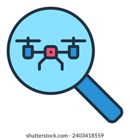 Ampliador con el vector Quadcopter Búsqueda por el concepto Drone icono coloreado o elemento de diseño