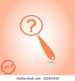 Magnifier with a question mark. Flat style. Made in vector