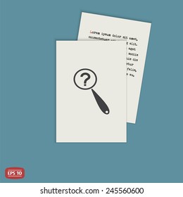 Magnifier with a question mark. Flat style. Made in vector