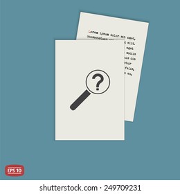Magnifier with a question mark. Flat style. Made in vector