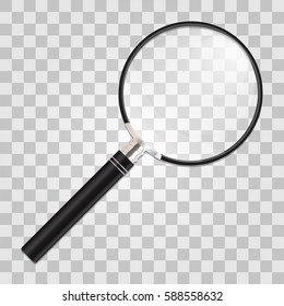 Magnifier. Realistic vector illustration of a transparent background. Search and inspection symbol. Optical zooming tool.