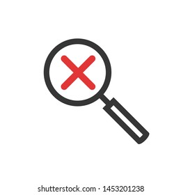 Magnifier with red cross vector icon line outline art, magnifying glass with dismiss sign isolated