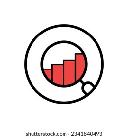 magnifier round icon like bad financial growth. outline trend modern assesment logotype graphic stroke design element isolated on white. concept of budget bankrupt pictogram or fund forecasting badge