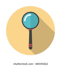 Magnifier round icon with long shadow. Flat design style. Magnifying glass simple silhouette. Modern circle icon in stylish colors. Web site page and mobile app design vector element.