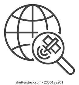 Magnifier with Satellite and Earth Globe vector concept linear icon or symbol
