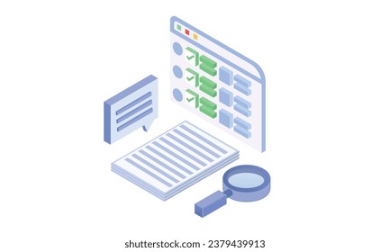 Magnifier search, analytics, documentation.on white background.3D design.isometric vector design Illustration.
