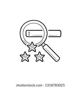 Magnifier with search bar and three stars hand drawn outline doodle icon. Search engine marketing concept. Vector sketch illustration for print, web, mobile and infographics on white background.