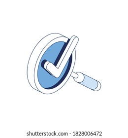Magnifier search check mark. Vector 3d line isometric, color web icons set, new flat style. Creative illustration, idea for infographics.