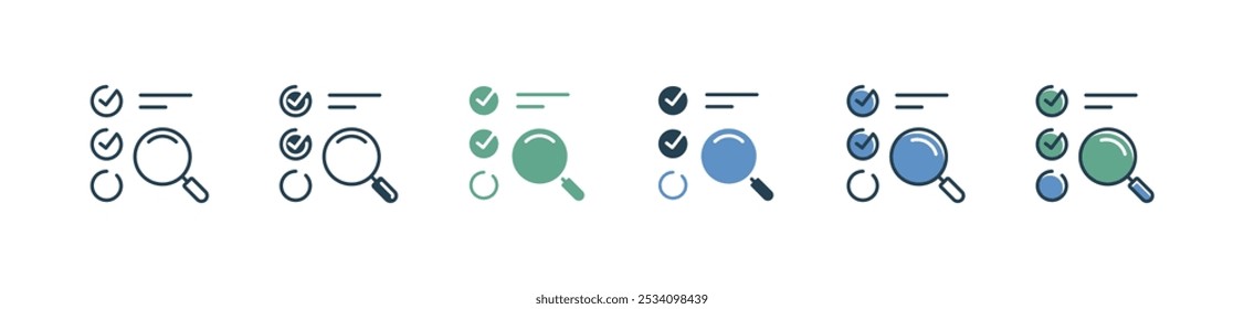 magnifier search with checklist icon set business study exam task selection list evaluation vector illustration zoom glass find answer solution symbol design