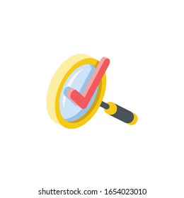 Magnifier search checkmark. Vector 3d isometric, color web icon, new flat style. Creative illustration design, idea for infographics.