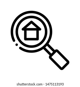 Magnifier Search Estate Vector Thin Line Icon. House Building In Magnifier Linear Pictogram. Mortgage On Real Estate, Rent, Buy Or Sale Apartment Garage Contour Monochrome Illustration