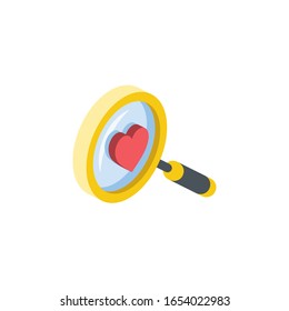 Magnifier search heart love. Vector 3d isometric, color web icon, new flat style. Creative illustration design, idea for infographics.