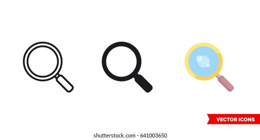 Magnifier or search icon of 3 types: color, black and white, outline. Isolated vector sign symbol.