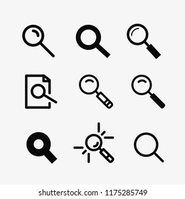 Magnifier and search icon set vector collection. Loupe, Lens, Zoom and Find icons