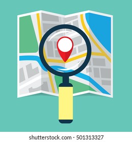 Magnifier search over folding navigation map. Magnifying glass zooming fragment of a city scheme focusing on GPS symbol. Flat icon for navigational or location software. Vector eps10 illustration.