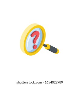 Magnifier search question mark. Vector 3d isometric, color web icon, new flat style. Creative illustration design, idea for infographics.
