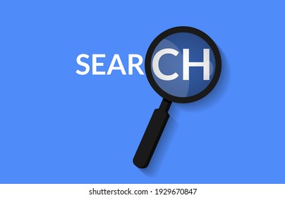 Magnifier and search word concept isolated with blue background vector illustration.