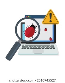 Magnifier searching malware bug. Computer internet error virus concept. Vector flat cartoon isolated graphic design illustration stock illustration