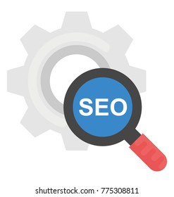 A magnifier with seo written and a cogwheel representing search engine optimization concept