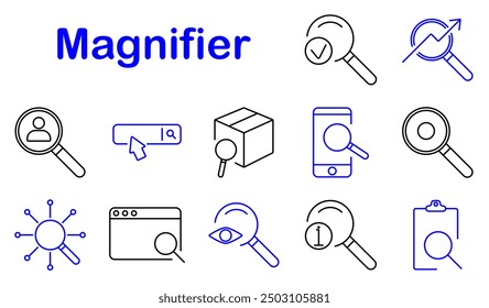 Magnifier set icon. Search, user, verification, analysis, zoom, information, box, mobile search, digital, exploration, discovery, data, web, inspection, magnifying glass, tool, inquiry, research.