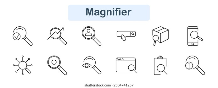 Magnifier set icon. Search, zoom, analysis, check, find, inspect, explore, research, lens, look, view, magnify, discovery, inspect, identification, inquiry, focus, glass, scan, investigation.