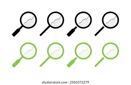 Magnifier set icons. Silhouette and flat style. Vector icons.