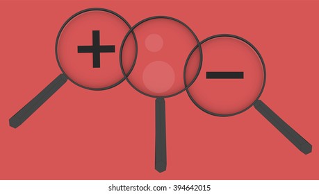 Magnifier set, set of magnifiers on red background. Enlarge or smaller. 
