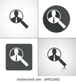 Magnifier and silhouette icons. Set elements for design. Vector illustration 
