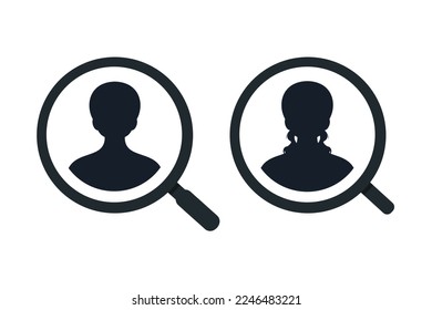 Magnifier with silhouette person. Vector illustration