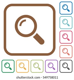 Magnifier simple icons in color rounded square frames on white background