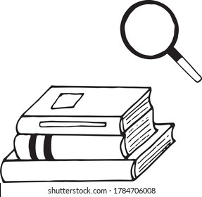 magnifier and stack of books hand drawn in doodle style. vector, scandinavian, monochrome. concept for design sticker, icon, card, banner, poster. school, study, science, search