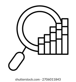 Magnifier and stocks chart isometric icon, info tech concept. Vector graphics. Magnifying glass and graph, asset search sign on white background, outline style icon for mobile or web design