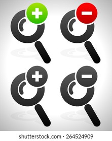 Magnifier Symbol Set with Plus Minus Signs, Zoom In, Zoom out.