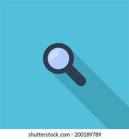 Magnifier symbol. Vector illustration of flat color icon with long shadow.  