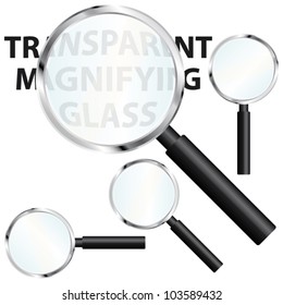 Magnifier tools with transparent glasses. Vector icons set.