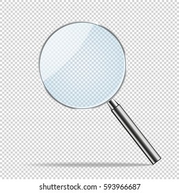 Magnifier transparent realistic vector. Magnifying lens. Magnifier with metallic handle.