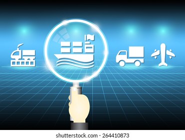 Magnifier and transportation with blue background.