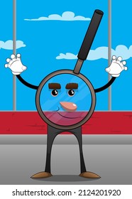 Magnifier is trying to scare you. Cartoon Character science research object, analysis, business, examination, optics concept.