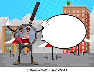 Magnifier is trying to scare you. Cartoon Character science research object, analysis, business, examination, optics concept.