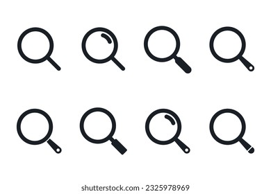 Magnifier types minimalistic vector icon set. Zoom icons. Magnifier glass eight types sign icons.