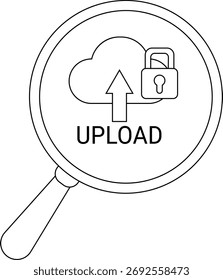 Lupa exibindo uma nuvem seta acima cadeado e UPLOAD texto dentro da lente