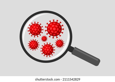 Magnifier and virus. Concept of infectious agent analysis, screening and testing, virology, microbiological research of coronavirus infection