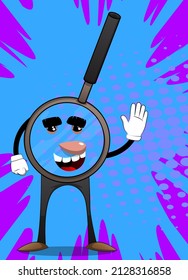 Magnifier with waving hand. Cartoon Character science research object, analysis, business, examination, optics concept.