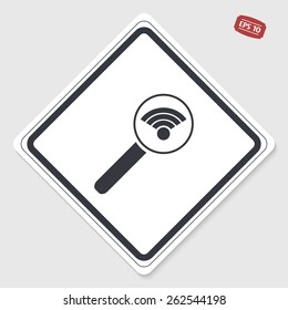 Magnifier with the wireless network icon. Flat design style. Made vector illustration. Emblem or label with shadow.