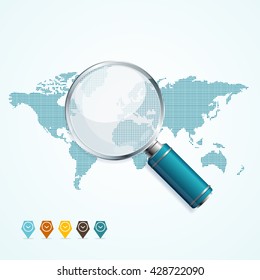 Magnifier and World Map. Global Search Concept. Vector illustration