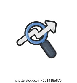 magnifier with zigzag arrow in outline flat vector design.