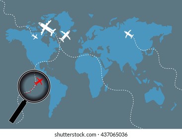 Magnifier Zoom for Airplane on World Map Background with airplanes.