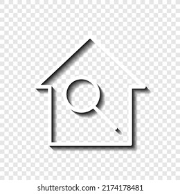 Magnifier, zoom, house simple icon vector. Flat design. White with shadow on transparent grid.ai