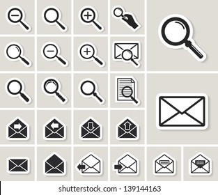 magnifier, zoom, search and envelope vector web icons set. paper stickers